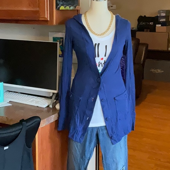 Miley Cyrus Max Azria Navy Blue Hooded Cardigan Size S, NWT - Picture 1 of 12